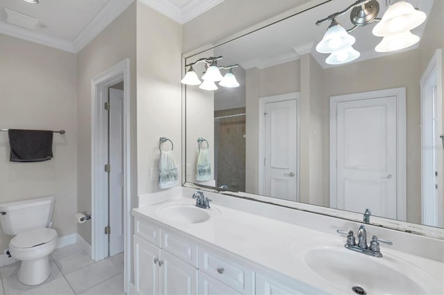 bathroom with toilet, dual bowl vanity, tile patterned floors, and ornamental molding