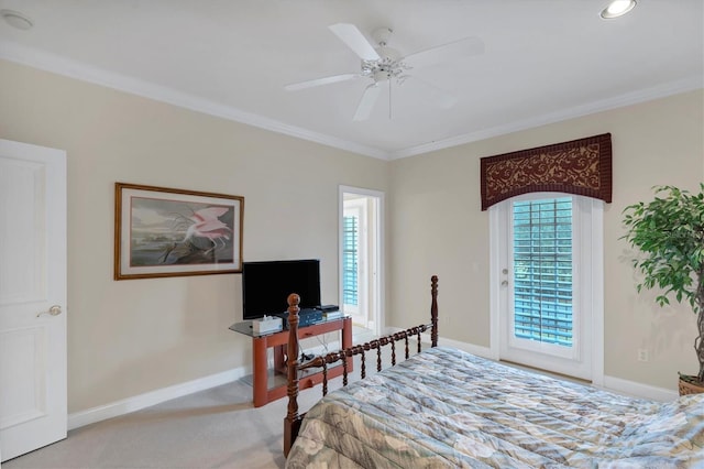 bedroom with multiple windows, carpet flooring, access to outside, and ceiling fan