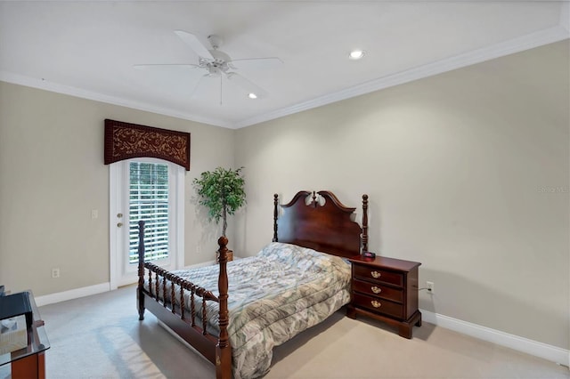 bedroom with ceiling fan, ornamental molding, and light colored carpet