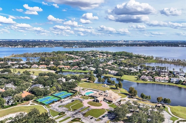 bird's eye view with a water view