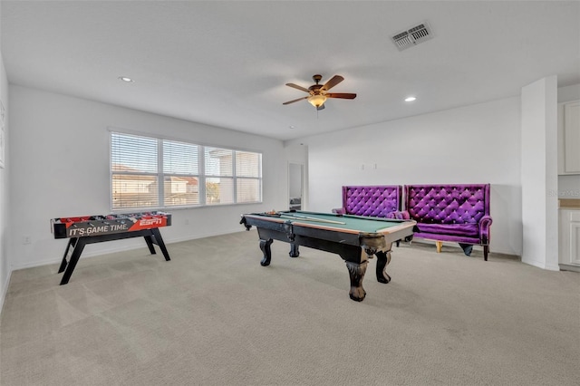 rec room featuring ceiling fan, billiards, and light carpet