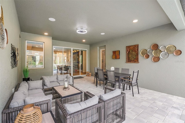 living room with light tile patterned flooring