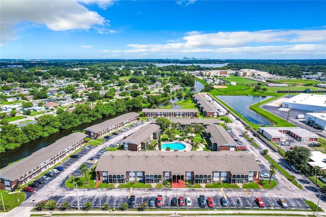 bird's eye view with a water view