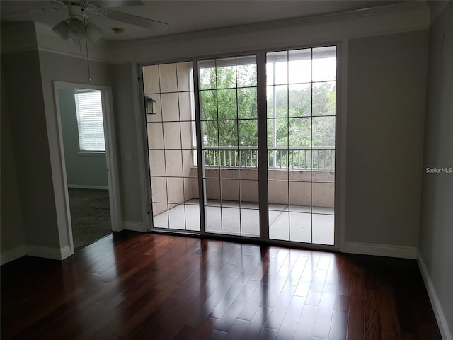 interior space with a ceiling fan, baseboards, dark wood-type flooring, and ornamental molding