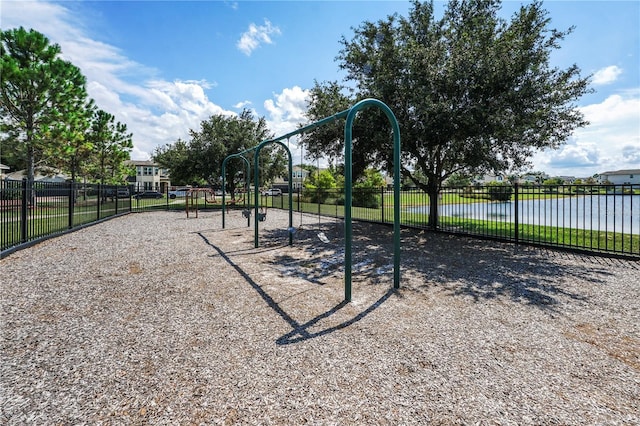 view of play area featuring a water view