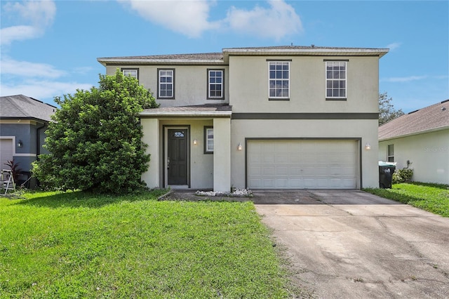 front of property with a garage and a front lawn