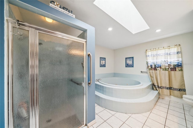 bathroom with toilet, a skylight, independent shower and bath, and tile patterned floors