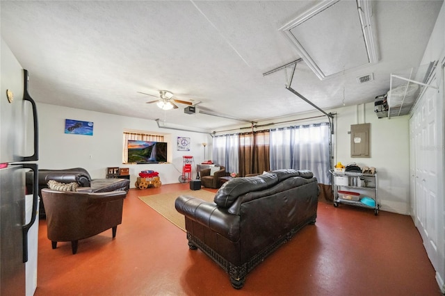 living room with a textured ceiling, ceiling fan, and electric panel