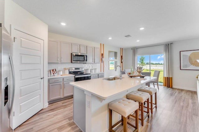 kitchen featuring a kitchen bar, stainless steel appliances, sink, a center island with sink, and gray cabinets