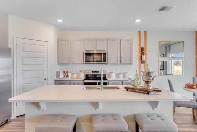 kitchen featuring a kitchen breakfast bar, decorative backsplash, a kitchen island with sink, and appliances with stainless steel finishes