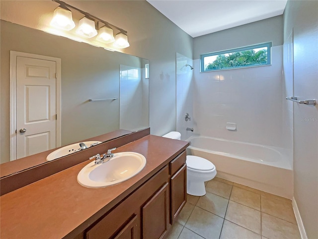 full bathroom featuring toilet, tile patterned flooring,  shower combination, and vanity