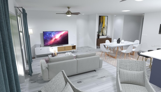 living room with ceiling fan and light wood-type flooring