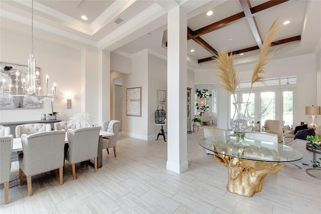 dining space with beam ceiling, visible vents, a towering ceiling, coffered ceiling, and baseboards