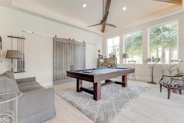 rec room featuring recessed lighting, a barn door, baseboards, and pool table