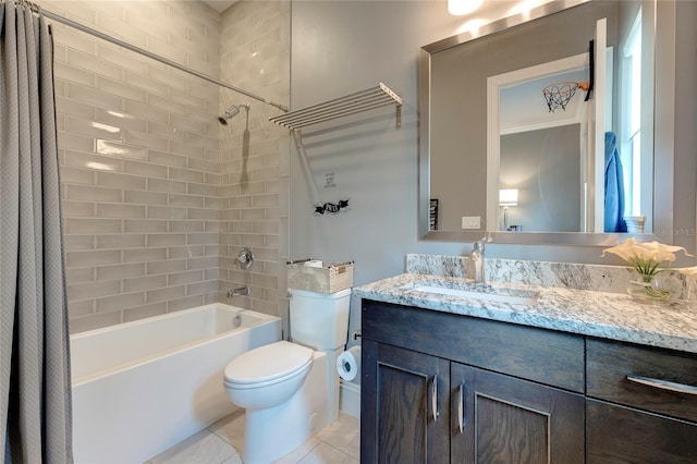 full bath with vanity, shower / bath combination with curtain, toilet, and tile patterned floors