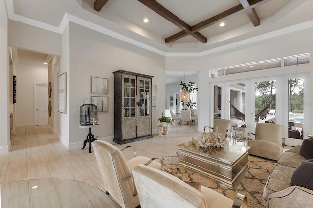 living room featuring a high ceiling, coffered ceiling, baseboards, french doors, and beam ceiling