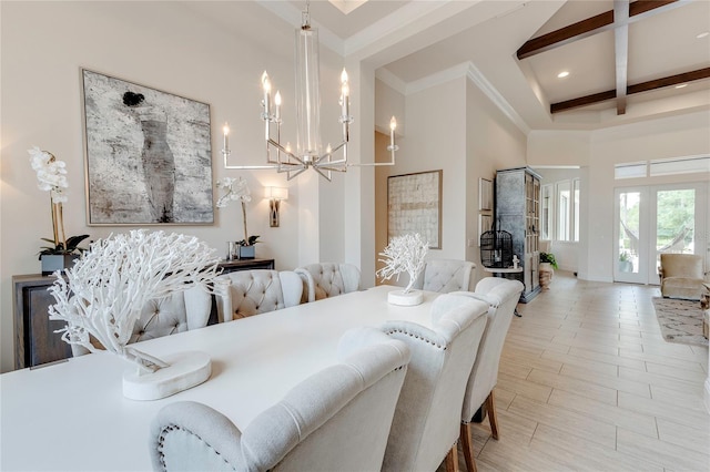 bedroom with ornamental molding, wood tiled floor, a high ceiling, beam ceiling, and a notable chandelier