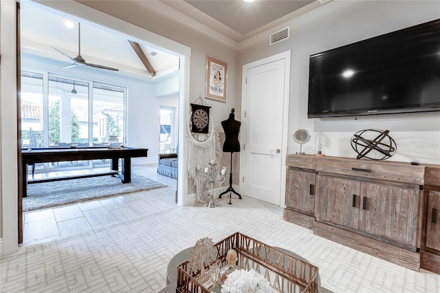 entrance foyer featuring ceiling fan, pool table, visible vents, and baseboards