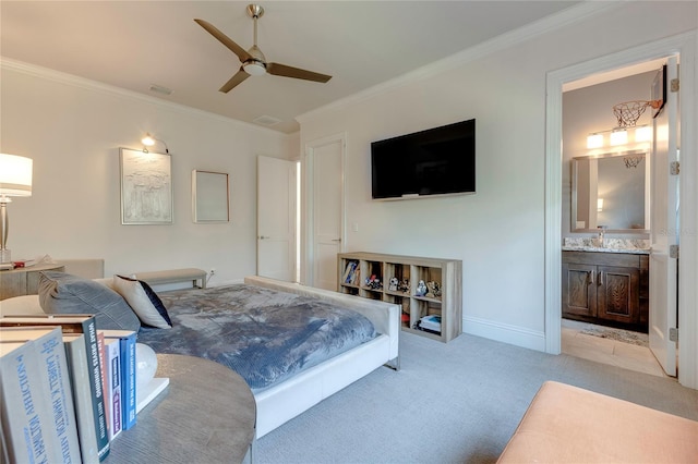 bedroom featuring light colored carpet, crown molding, visible vents, and baseboards