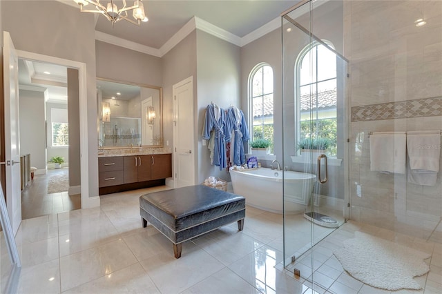 full bathroom featuring vanity, a shower stall, a wealth of natural light, and crown molding