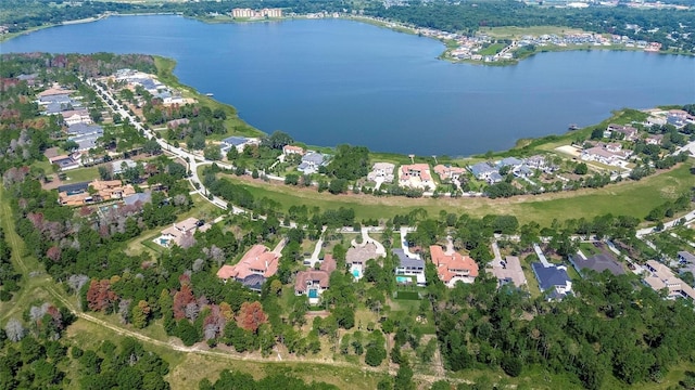 bird's eye view featuring a residential view and a water view