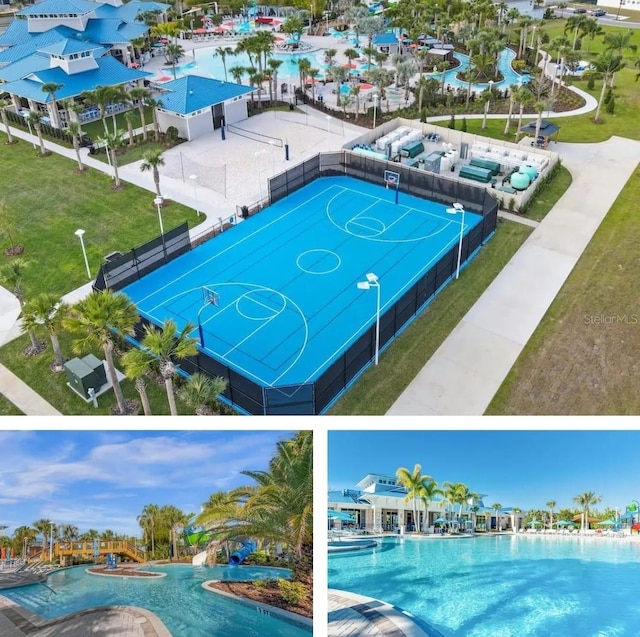 view of swimming pool with basketball court and a lawn