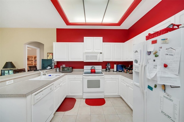 kitchen featuring white cabinetry, sink, kitchen peninsula, white appliances, and light tile patterned flooring