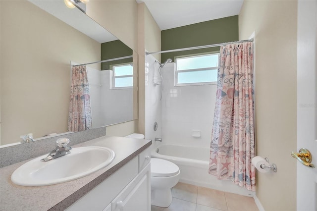 full bathroom with toilet, shower / bath combo with shower curtain, tile patterned floors, and vanity