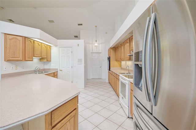 kitchen featuring stainless steel fridge with ice dispenser, hanging light fixtures, light countertops, white electric range, and a sink