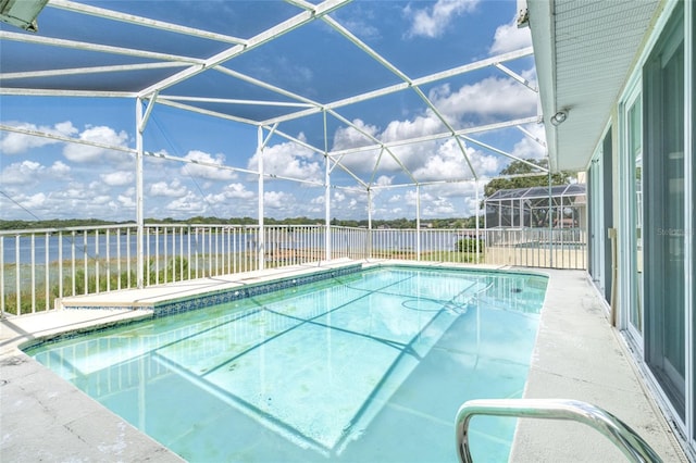 view of pool featuring a water view, a fenced backyard, a lanai, and a fenced in pool