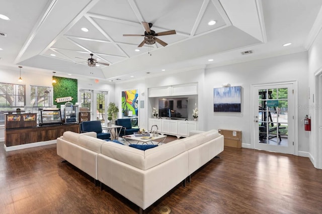 living room with ceiling fan, coffered ceiling, french doors, and dark hardwood / wood-style floors