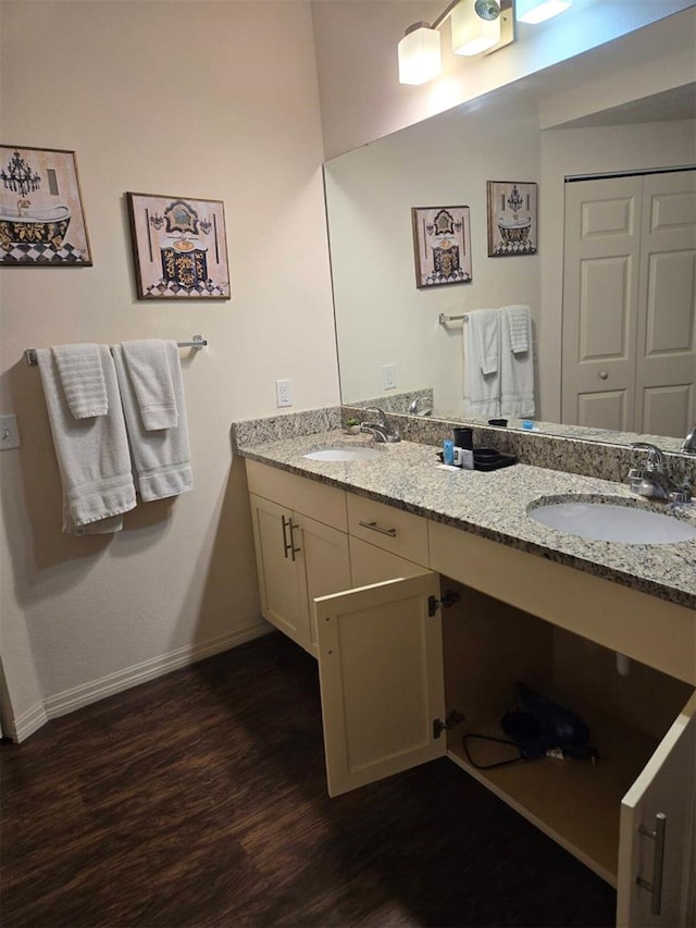 bathroom with hardwood / wood-style flooring and dual vanity