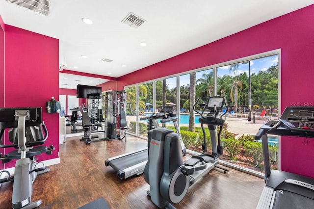 gym featuring hardwood / wood-style flooring