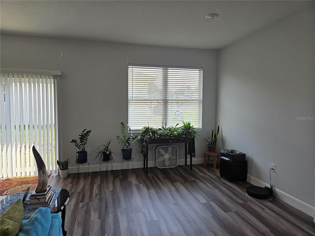 sitting room with a textured ceiling and dark hardwood / wood-style flooring