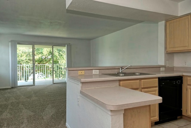 kitchen with light brown cabinets, sink, light carpet, and dishwasher