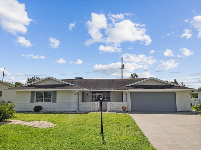 single story home featuring a front yard and a garage