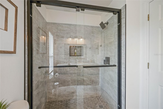 bathroom featuring a shower stall and toilet