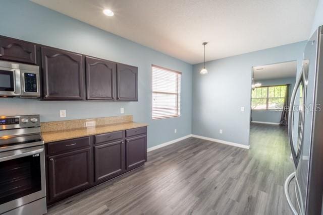 kitchen featuring dark brown cabinets, hardwood / wood-style floors, decorative light fixtures, and appliances with stainless steel finishes