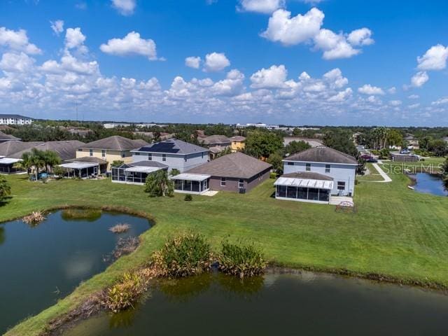 drone / aerial view featuring a water view