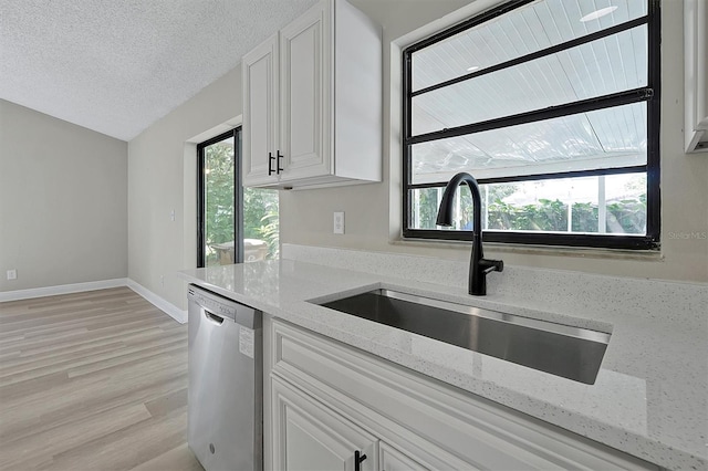 kitchen with stainless steel dishwasher, a healthy amount of sunlight, and light stone counters