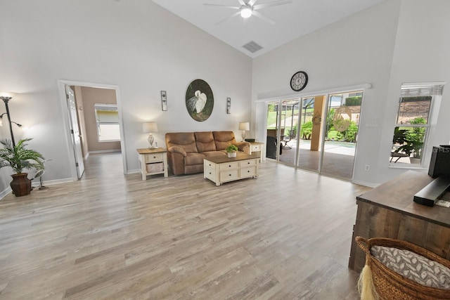 living room featuring ceiling fan, high vaulted ceiling, and light hardwood / wood-style floors