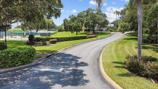 view of road with curbs and street lights