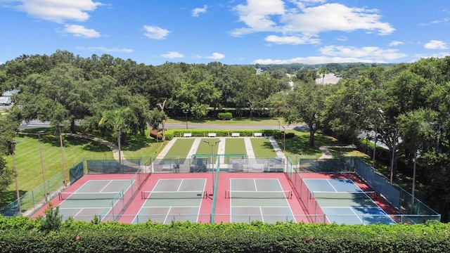 view of tennis court featuring fence