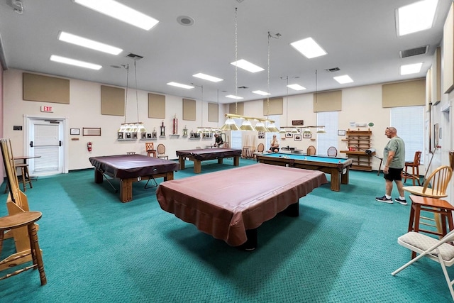 playroom featuring visible vents, billiards, and carpet flooring