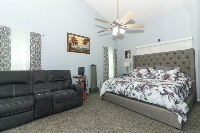 bedroom with carpet, high vaulted ceiling, and ceiling fan