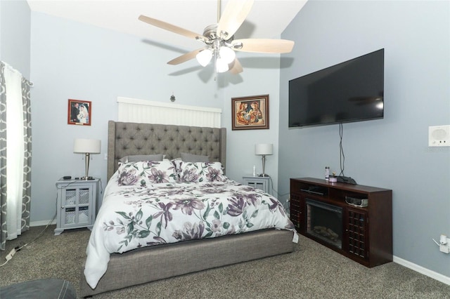 carpeted bedroom with ceiling fan and lofted ceiling