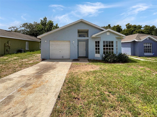 ranch-style house featuring a garage, central AC unit, and a front lawn