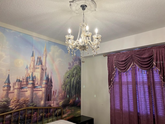 interior space featuring a textured ceiling and a notable chandelier