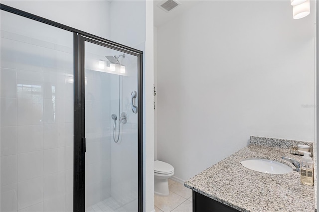 bathroom featuring a stall shower, visible vents, toilet, tile patterned flooring, and vanity