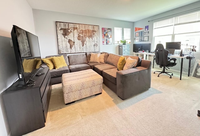 living area with light carpet and baseboards